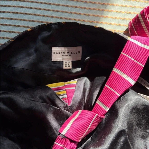 Karen Millen Black Satin Lined halter top with Pink Striped ties. Size 6 - Picture 3 of 3
